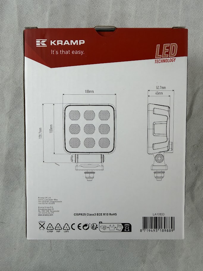 Lampa robocza LED kwadratowa Kramp 90W 6800 lm 12/24V 108×120,7×52,7 mm światło rozproszone Deutsch 18 LED
