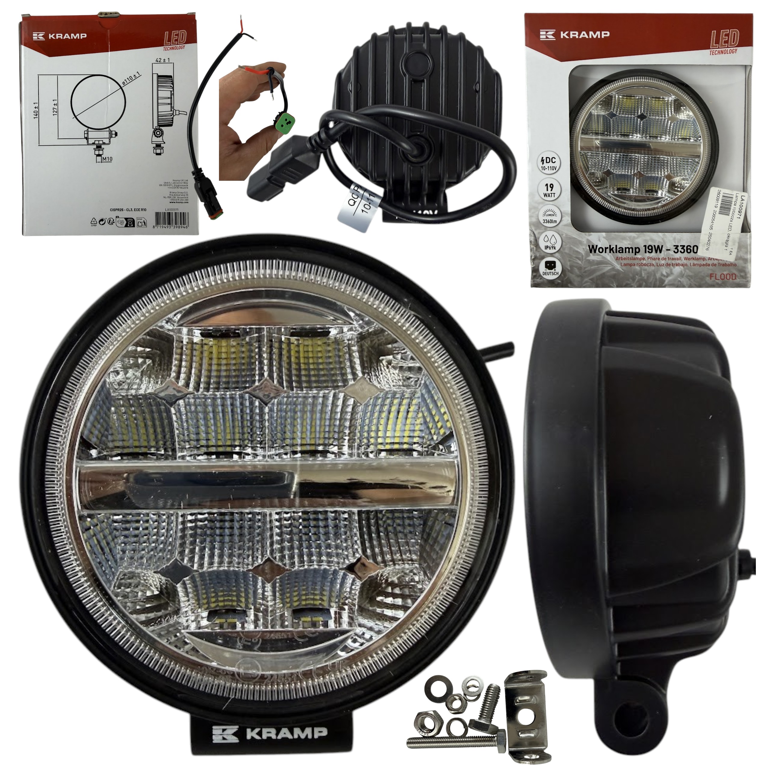 Lampa robocza LED Kramp okrągła 19W 3360 lm 10–110V Ø110×140×42 mm światło rozproszone Deutsch 2-pin 16 LED