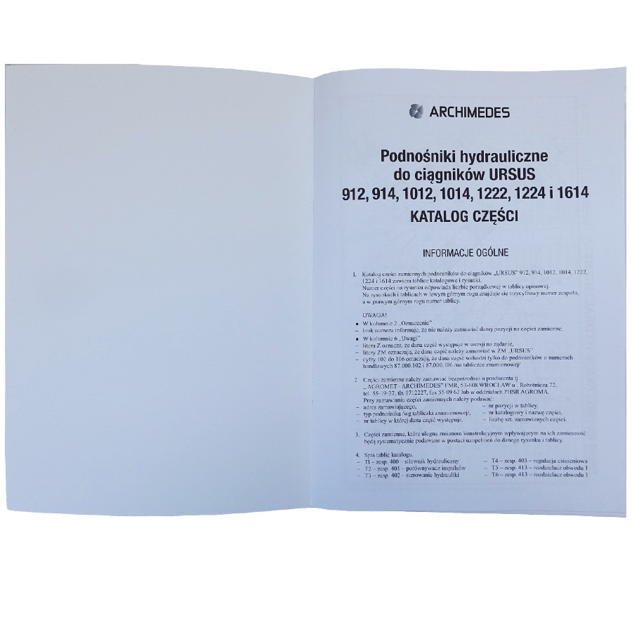Katalog części podnośników hydraulicznych do Ursus C-385, C-912, C-914, C-1012, C-1014, C-1222 40857