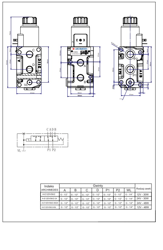 Dzielnik zawór elektrozawór kierunkowy elektromagnetyczny E12DVS6/2 (DVS6/50L) G1/2" 50L (24V DC) ARCHIMEDES 41811