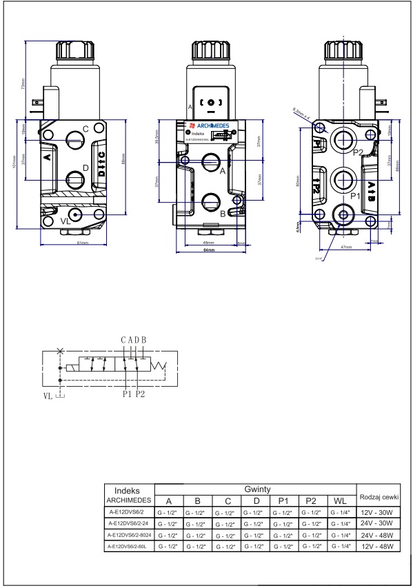 Dzielnik zawór elektrozawór kierunkowy elektromagnetyczny E12DVS6/2-80L G1/2" 12V 80L ARCHIMEDES 41813