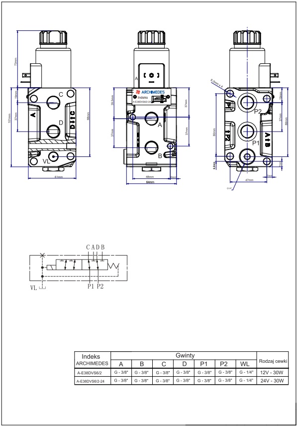 Dzielnik zawór elektrozawór kierunkowy elektromagnetyczny E38DVS6/2 G3/8" 50L (24V DC) ARCHIMEDES 41815