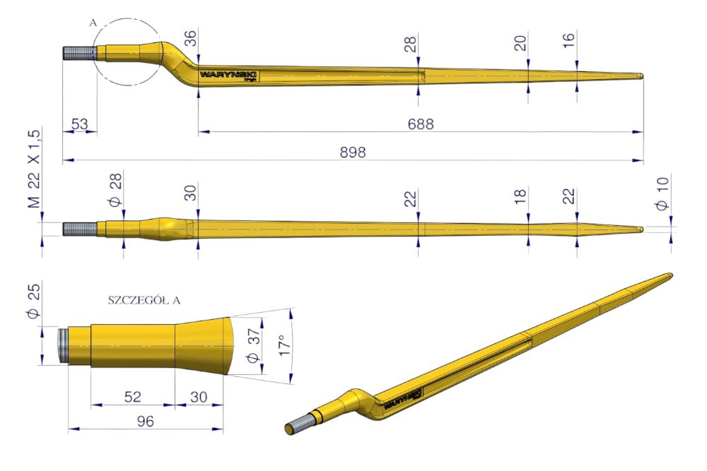 Ząb ładowacza gięty 880mm Waryński W9132-880W
