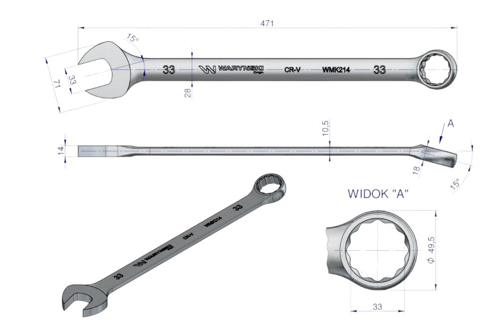 Klucz płasko-oczkowy 33mm dł. 471mm standard ASME B107-9M extra długi WMK214