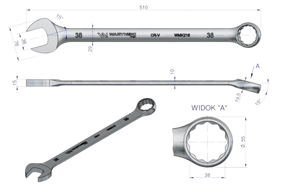 Klucz płasko-oczkowy 38mm dł. 510mm standard ASME B107-9M extra długi WMK216