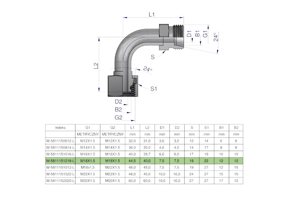 Kolanko hydrauliczne metryczne łukowe AB M18X1.5 12L (XEVW) WARYŃSKI W-5811151218-L