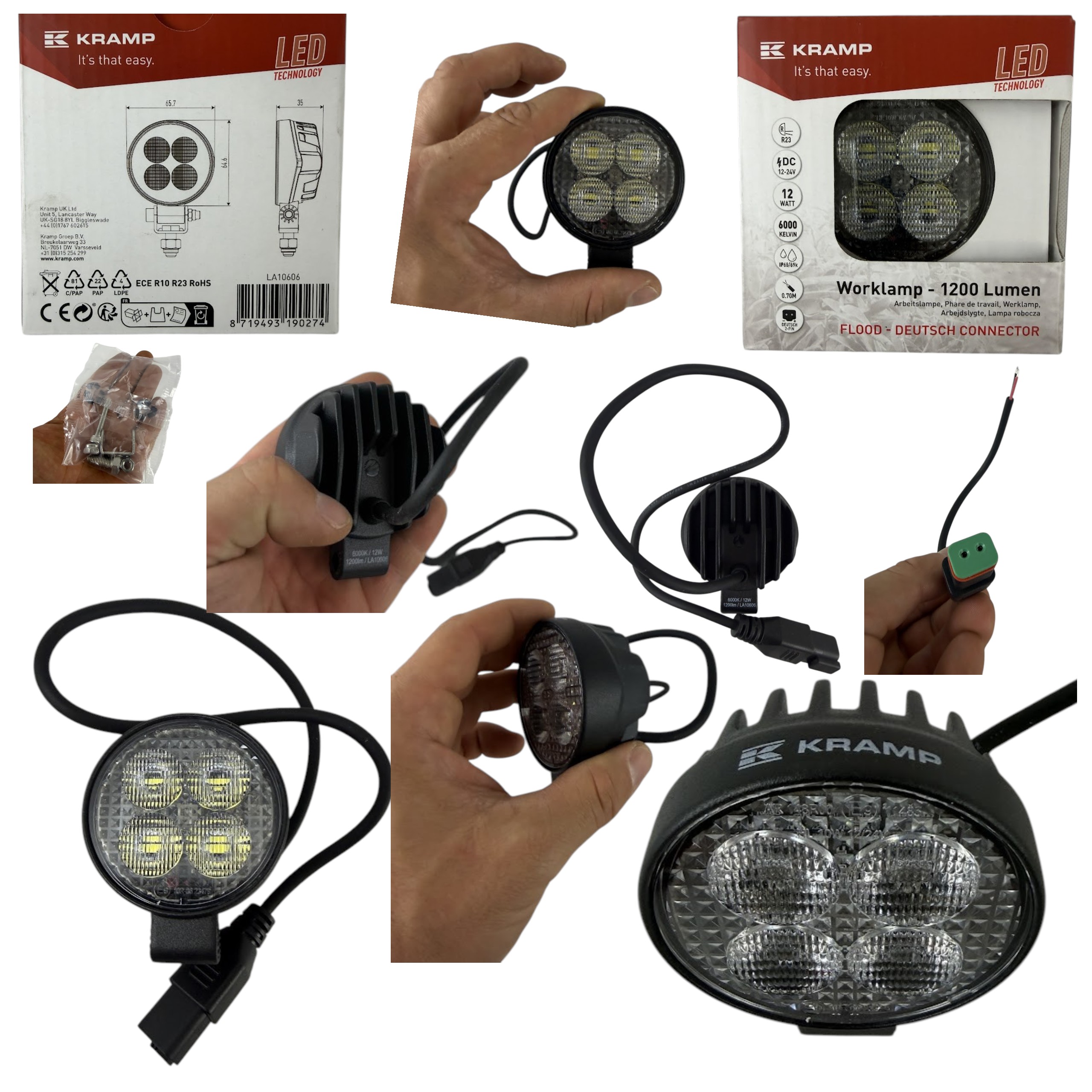Lampa robocza LED okrągła Kramp 12W 1200 lm 12/24V 65,7×85,8×35 mm światło rozproszone Deutsch 8 LED