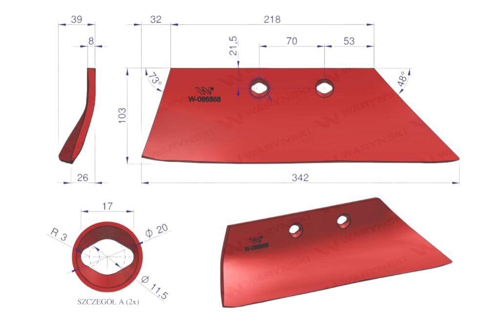 Lemiesz przedpłużka prawy Kverneland stal borowa Waryński W-066868