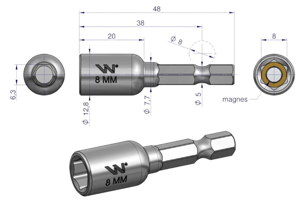 Nasadka 8mm z uchwytem narzędziowym do wkrętarki długość 48mm Waryński WMA162-WARYŃSKI
