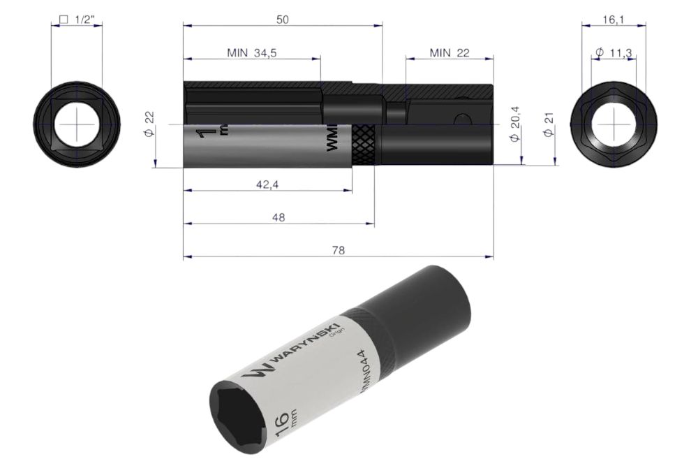 Nasadka sześciokątna 1/2 16mm dł CRV50BV30 DIN 3124 WARYŃSKI WMN044