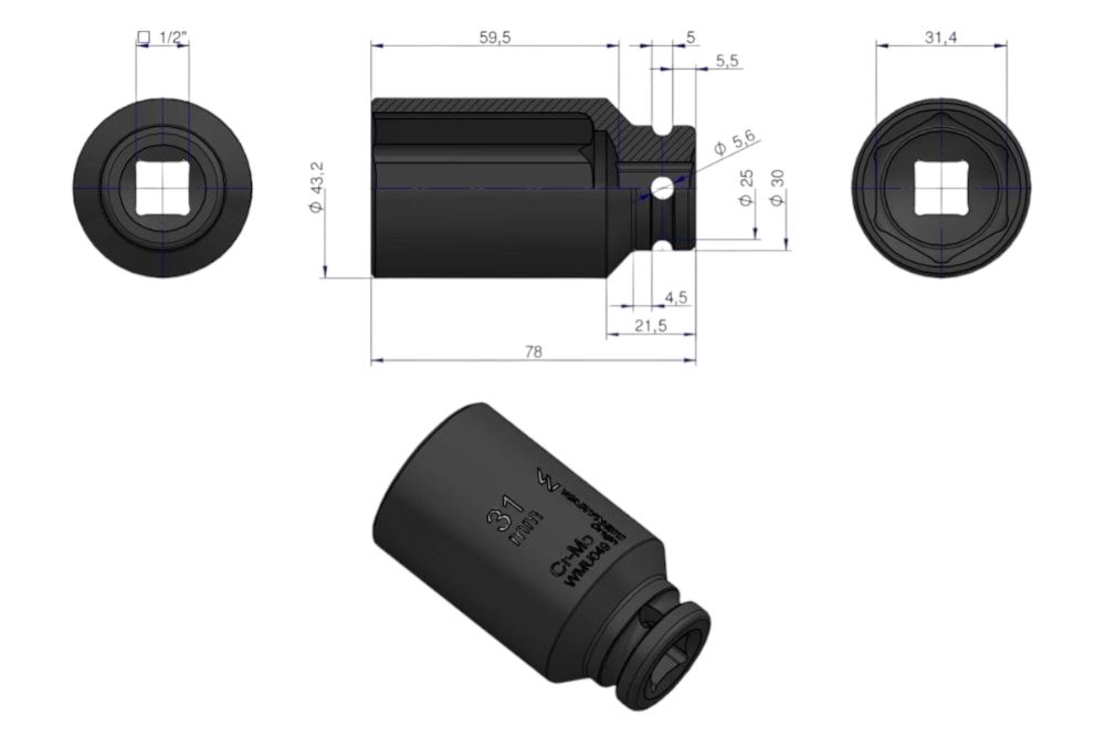 Nasadka sześciokątna udar 1/2 31mm długa WMU049-WARYŃSKI