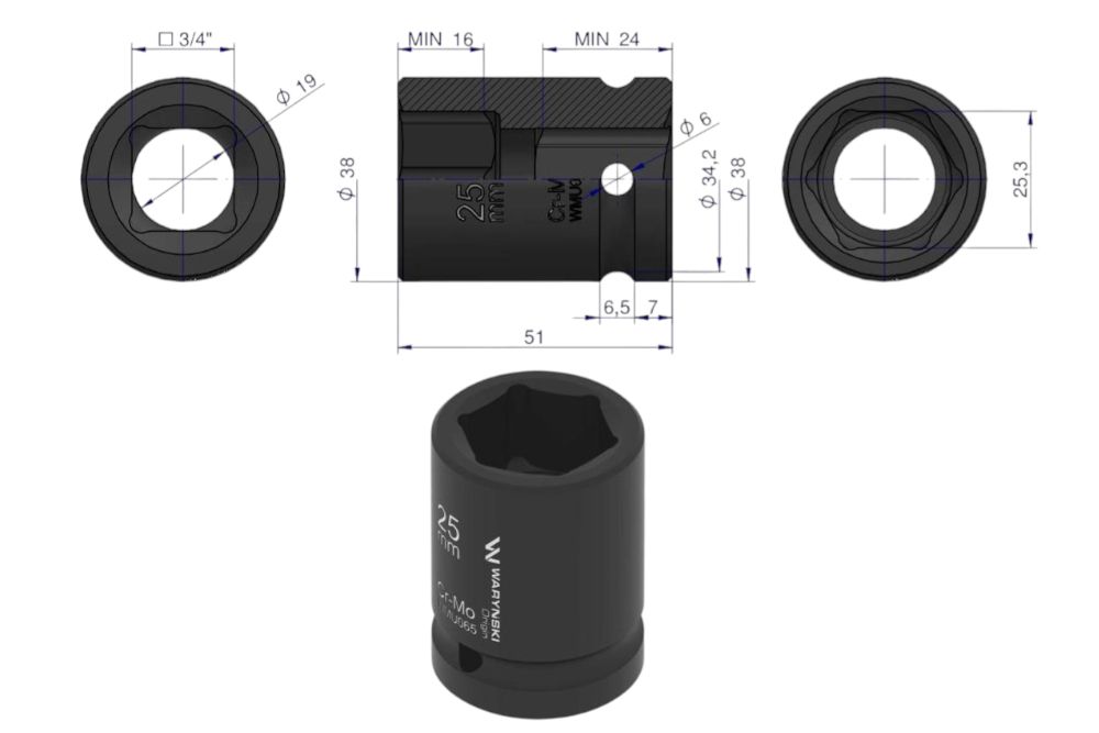 Nasadka sześciokątna udar 3/4 25mm CrMo DIN 3129 Waryński WMU065