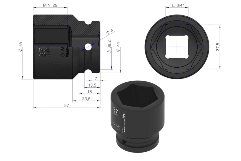 Nasadka sześciokątna udar 3/4 37mm WMU077-WARYŃSKI
