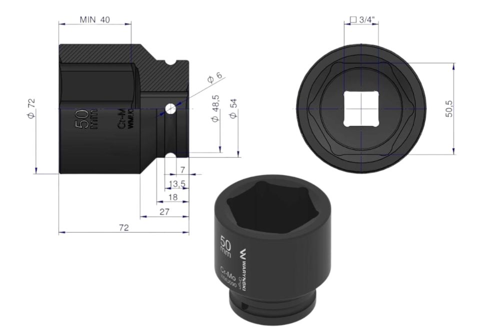 Nasadka sześciokątna udar 3/4 50mm WMU090-WARYŃSKI