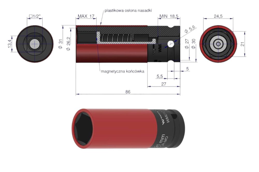Nasadka udarowa 1/2 z magnesem do felg aluminiowych 21mm Waryński WMU126