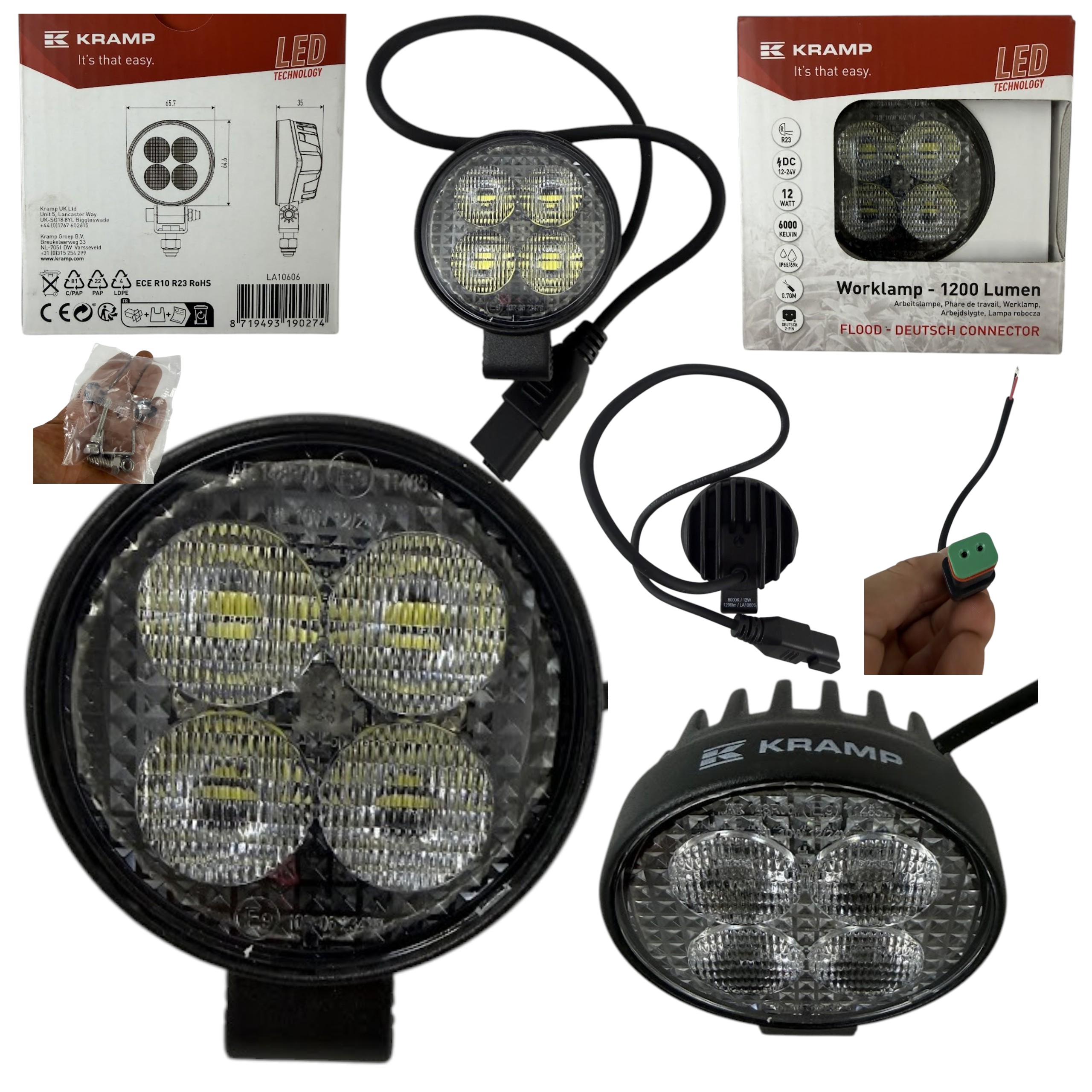 Lampa robocza LED okrągła Kramp 12W 1200 lm 12/24V 65,7×85,8×35 mm światło rozproszone Deutsch 8 LED