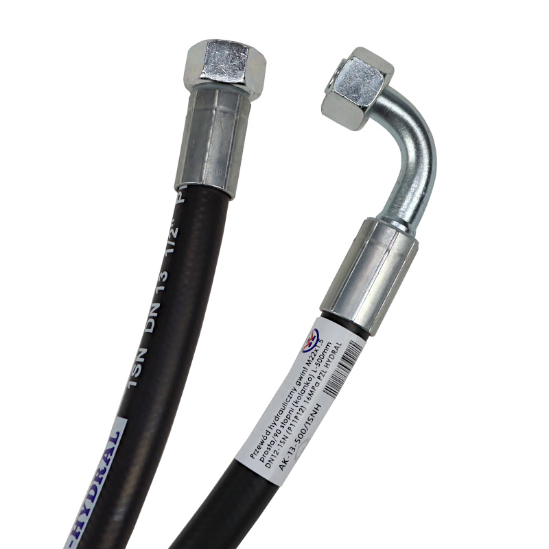 Przewód wąż hydrauliczny gwint M22x1,5 prosta/90 stopni (kolanko) L-500mm DN12-1SN 16MPa PZL HYDRAL 46315
