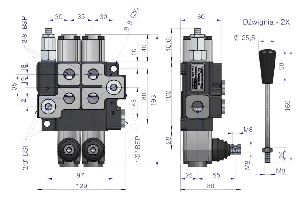ROZDZIELACZ HYDRAULICZNY 2 SEKCJE Z ZATRZASKIEM 40LMAX WARYŃSKI