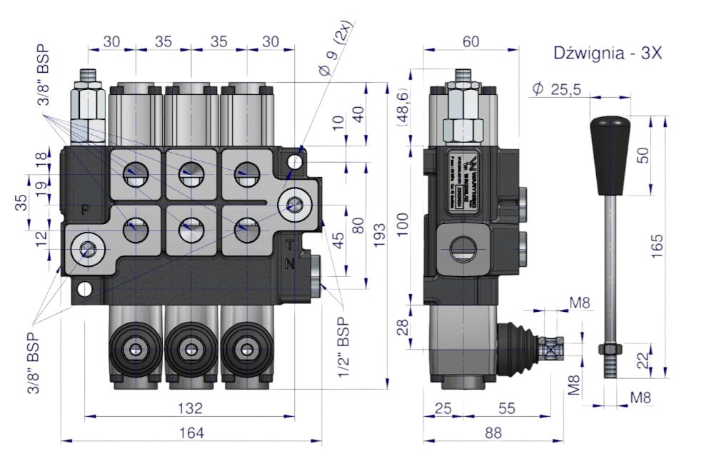ROZDZIELACZ HYDRAULICZNY 3 SEKCJE 40LMAX Z ZATRZASKIEM WARYŃSKI