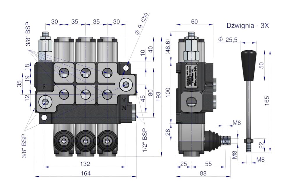 ROZDZIELACZ HYDRAULICZNY 3 SEKCJE WARYŃSKI 40LMAX