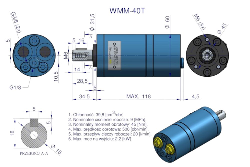 SILNIK HYDRAULICZNY ORBITRALNY WMM 40CM3/OBR (90BAR/ MAX 140BAR) PRZYŁĄCZA TYLN LE WARYŃSKI