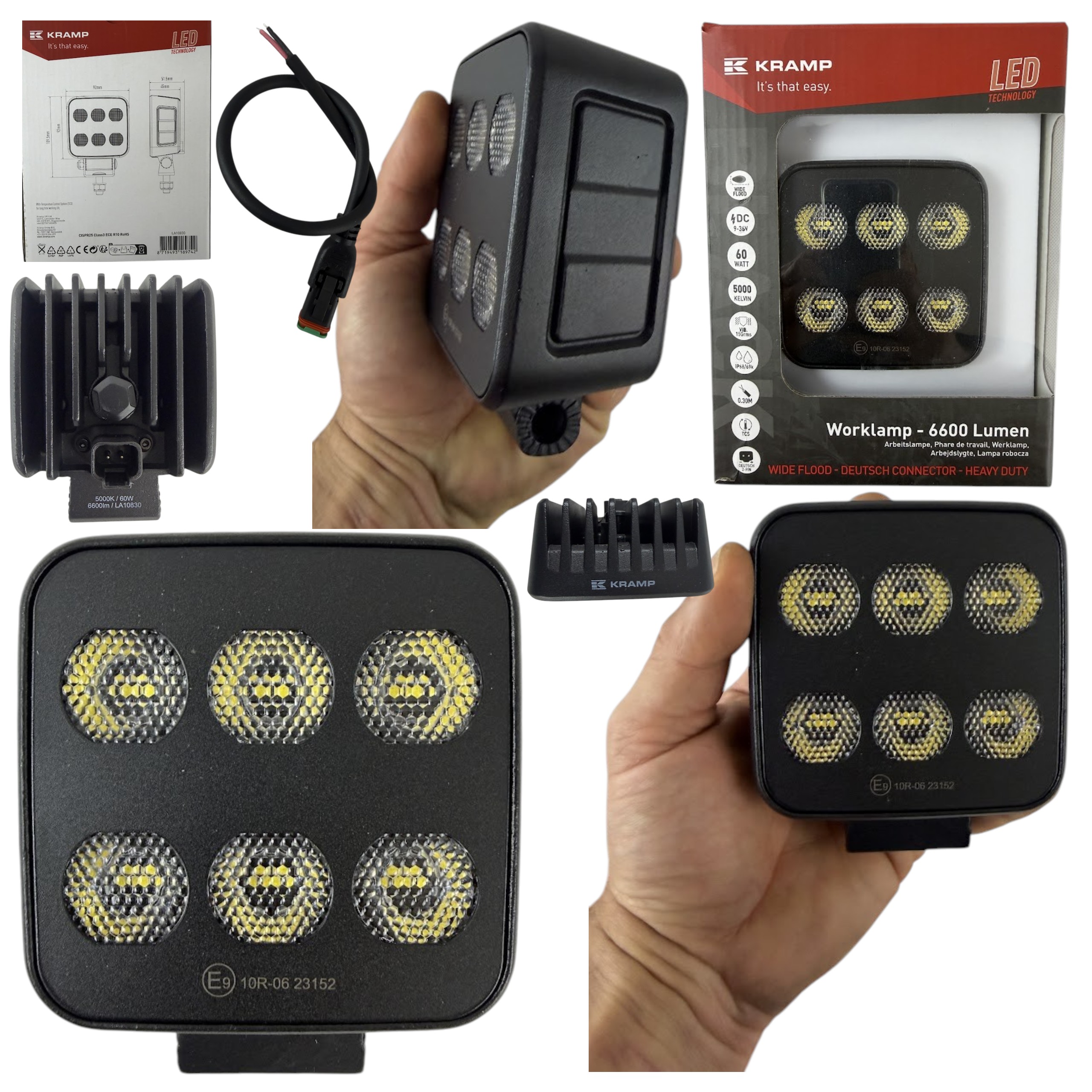 Lampa robocza LED kwadratowa 60W 6600 lm 12/24V 92×109,5×51,1 mm światło rozproszone Deutsch 12 LED