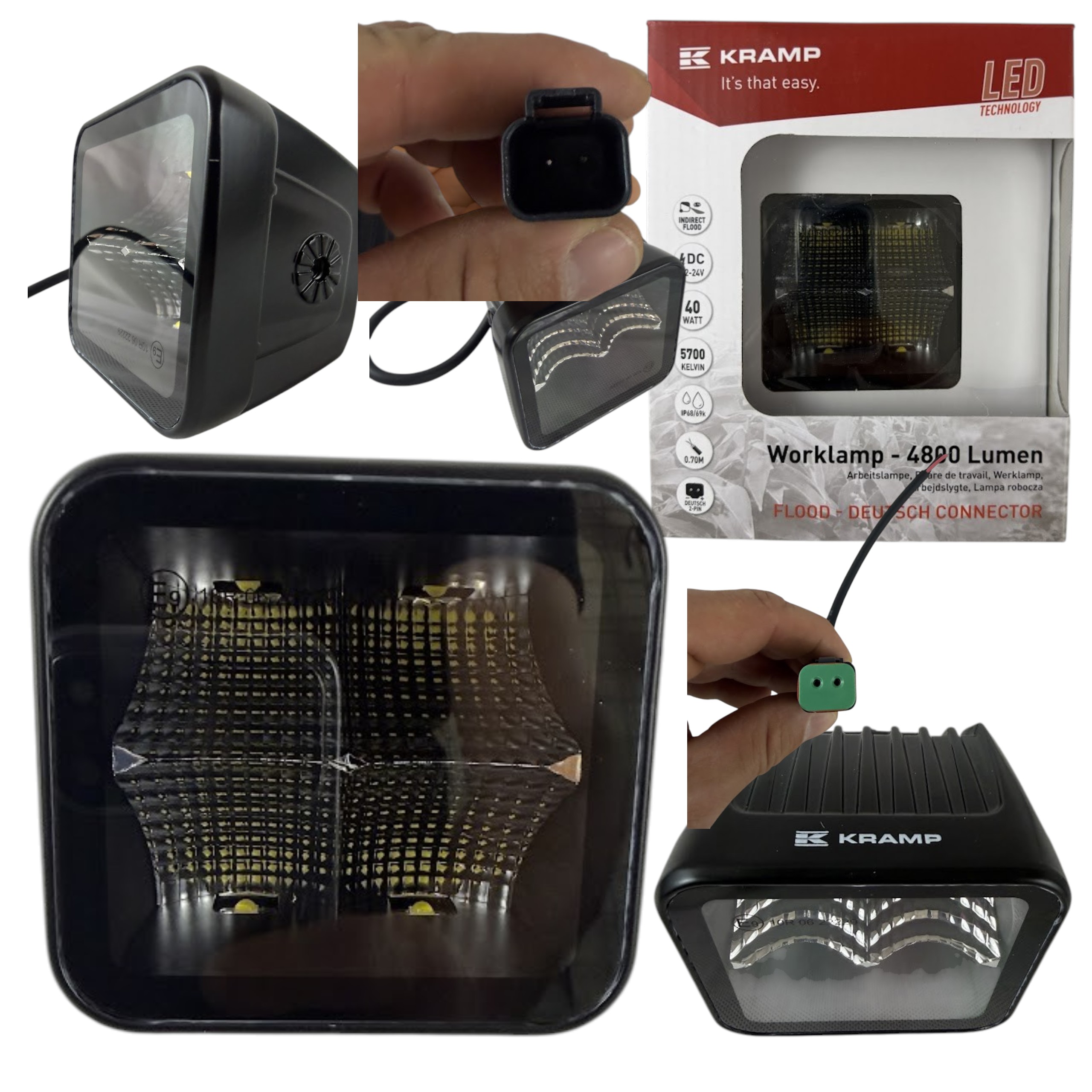 Lampa robocza LED Kramp kwadratowa 40W 4800 lm 12/24V 81×82,5×67,5 mm światło rozproszone Deutsch 4 LED