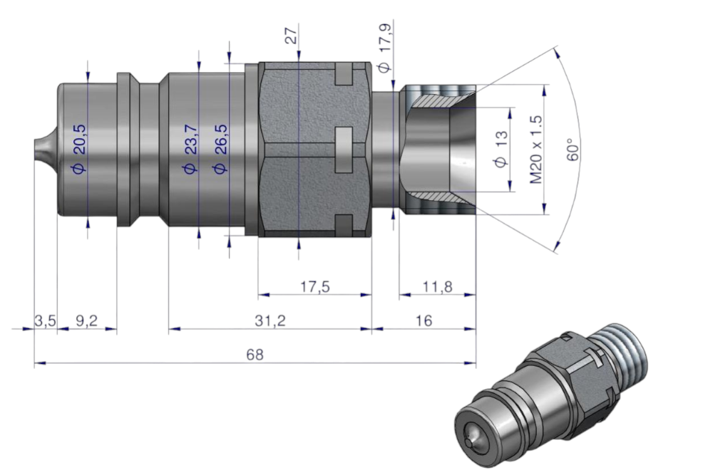 SZYBKOZŁĄCZE HYDRAULICZNA WTYCZKA M20X1,5 GWINT ZEWNĘTRZNY  EURO
