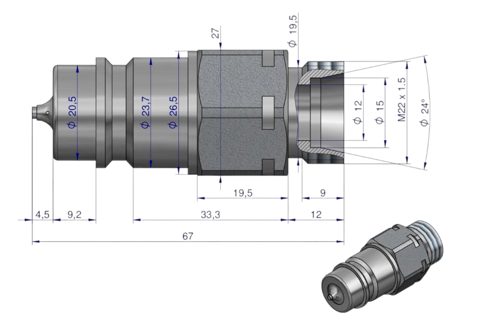 SZYBKOZŁĄCZE HYDRAULICZNA WTYCZKA M22X1,5 GWINT ZEWNĘTRZNY  EURO Z ELEIMINATOREM CIŚNIENIA