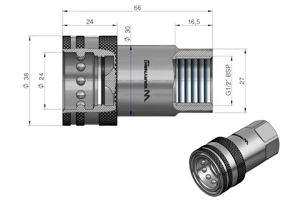 SZYBKOZŁĄCZE HYDRAULICZNE GNIAZDO G1/2BSP GWINT WEWNĘTRZNY ISO 7241-A WARYŃSKI