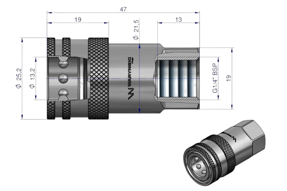 SZYBKOZŁĄCZE HYDRAULICZNE GNIAZDO G1/4 BSP GWINT WEWNĘTRZNY ISO 7241-A WARYŃSKI