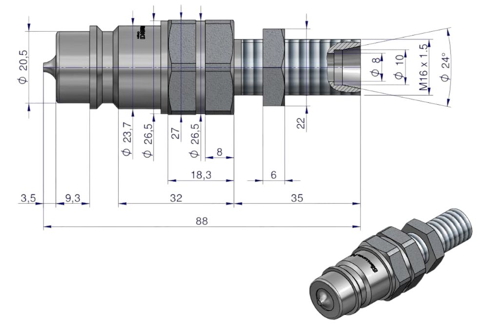 SZYBKOZŁĄCZE HYDRAULICZNE WTYCZKA LONG M16X1,5 GWINT ZEWNĘTRZNY EURO (9100816W)ISO 7241-A