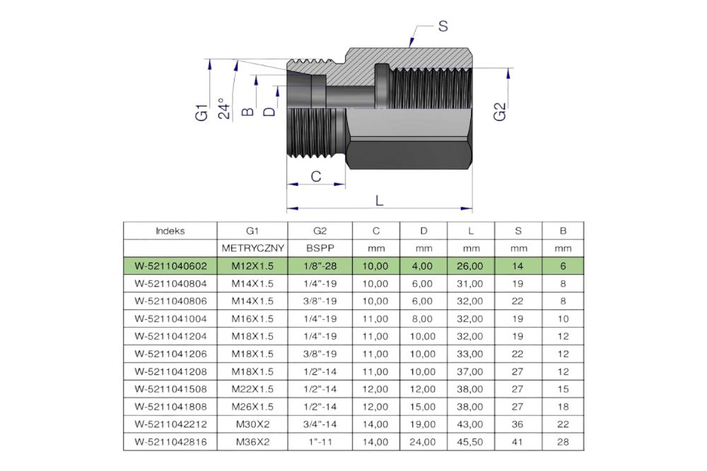 TULEJKA RÓŻNICOWA HYDRAULICZNA AB  M12X1,5 O6L GZ X 1/8  WARYŃSKI