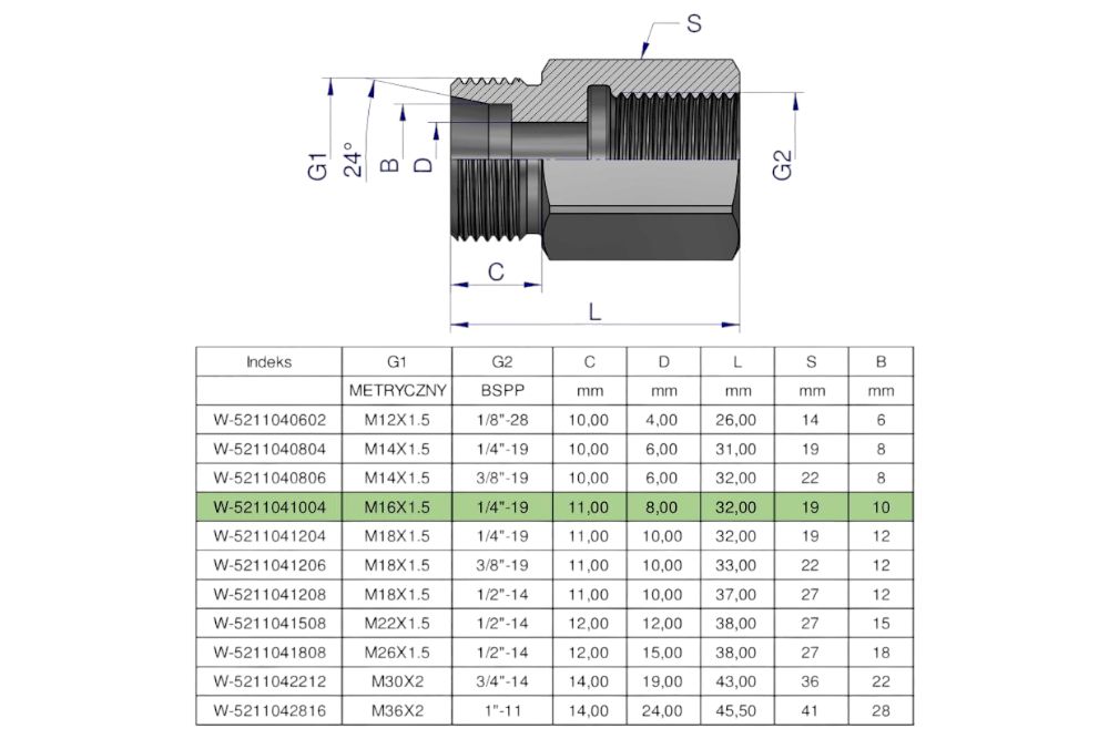TULEJKA RÓŻNICOWA HYDRAULICZNA AB M16X1,5 10L GZ X 1/4  BSP WARYŃSKI
