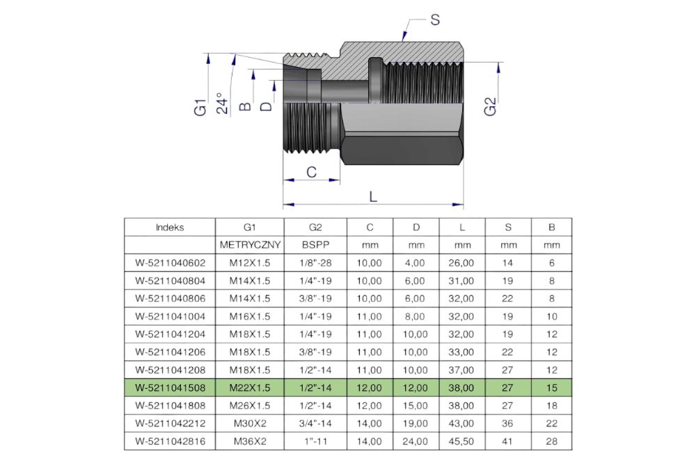 TULEJKA RÓŻNICOWA HYDRAULICZNA AB M22X1,5 15L GZ X 1/2 WARYŃSKI BSP WARYŃSKI