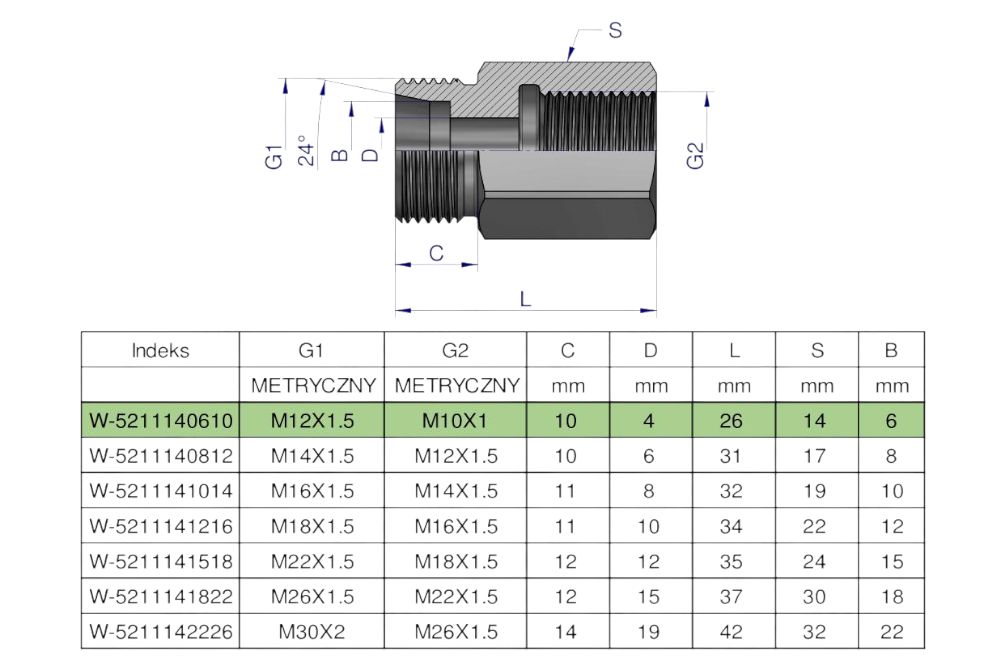 TULEJKA RÓŻNICOWA HYDRAULICZNA METRYCZNA AB  M12X1.5 026L GZXM10Z1GW WARYŃSKI