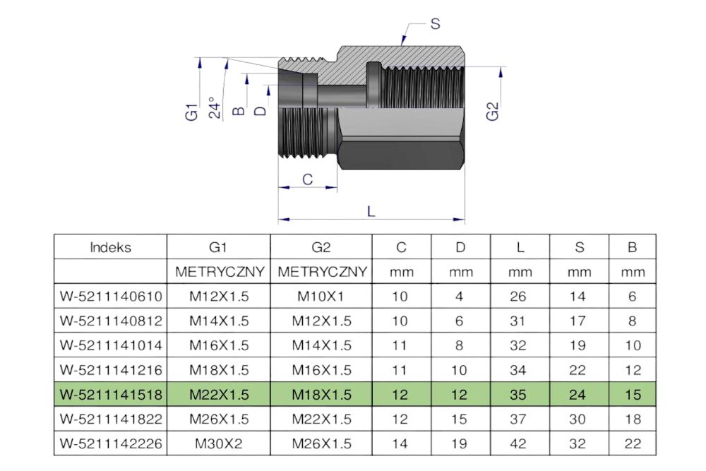 TULEJKA RÓŻNICOWA HYDRAULICZNA METRYCZNA AB  M22X1.5 15L GZXM18X1.5GW WARYŃSKI