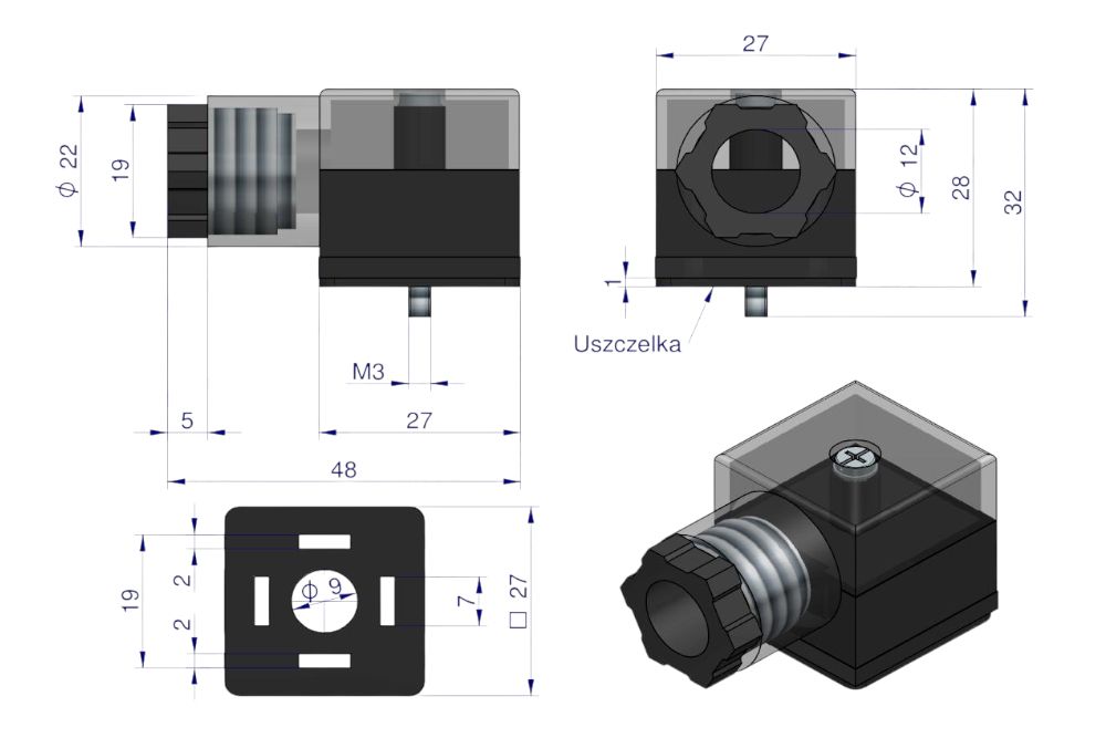 WTYCZKA ELEKTRYCZNA 12/24V DO ZASILANIA CEWEK ELEKTROMAGNETYCZNYCH Z DIODĄ I USZCZELKĄ WARYŃSKI