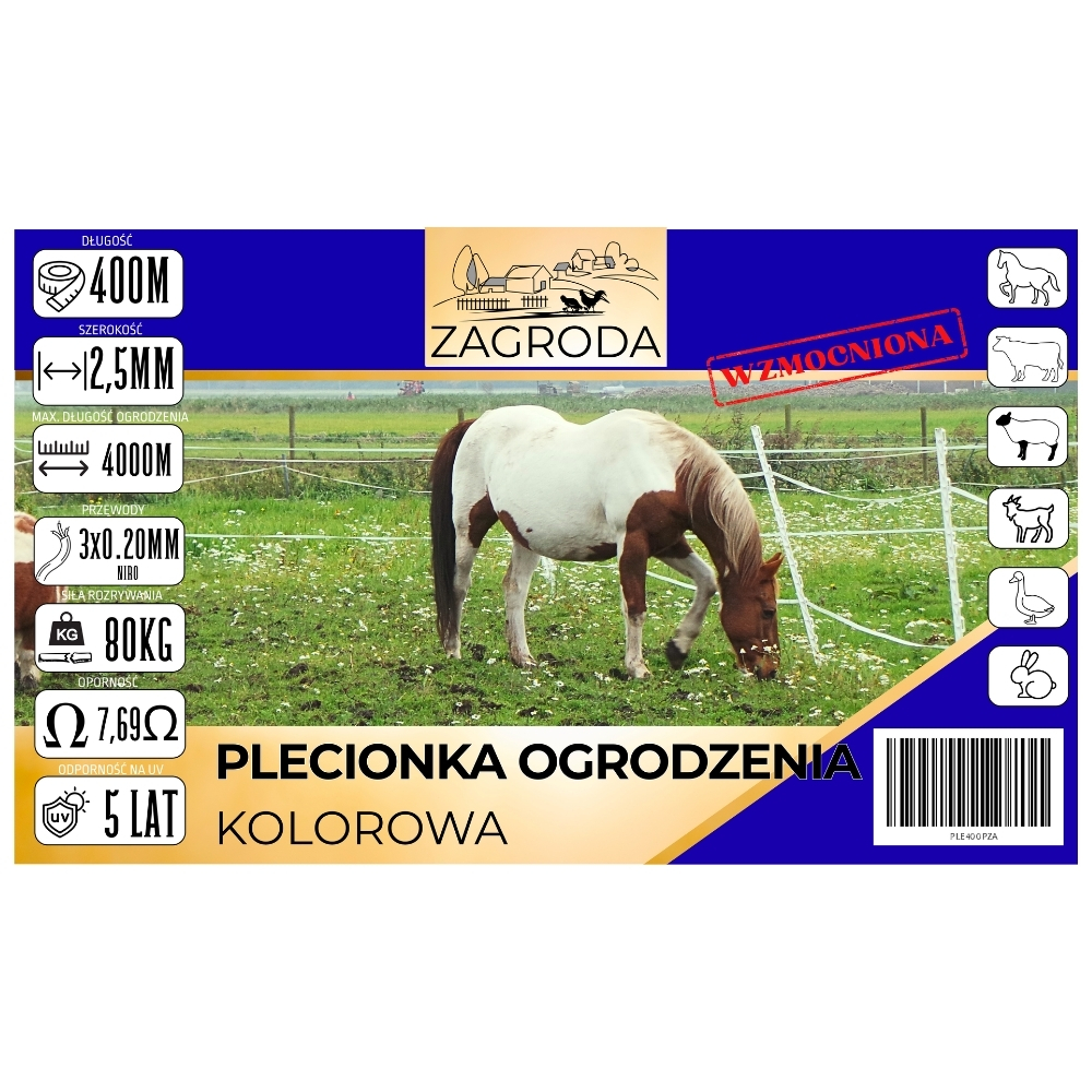Plecionka ogrodzenia elektryzatora pastucha 3 x 0.2mm odporna na UV 400m kolorowa Wzmocniona ZAGRODA