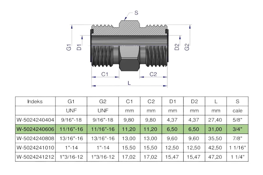 ZŁĄCZKA HYDRAULICZNA CALOWA  BB 11/16 ORFS (UNF) WARYŃSKI