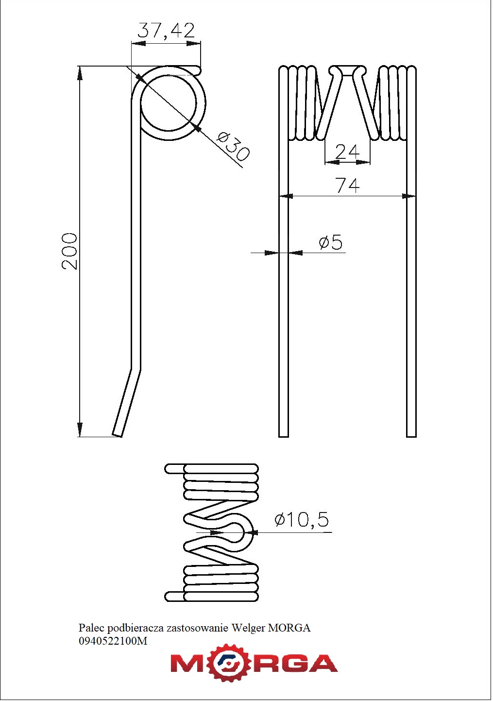 Palec podbieracza 0940522100 malowane proszkowo Welger MORGA