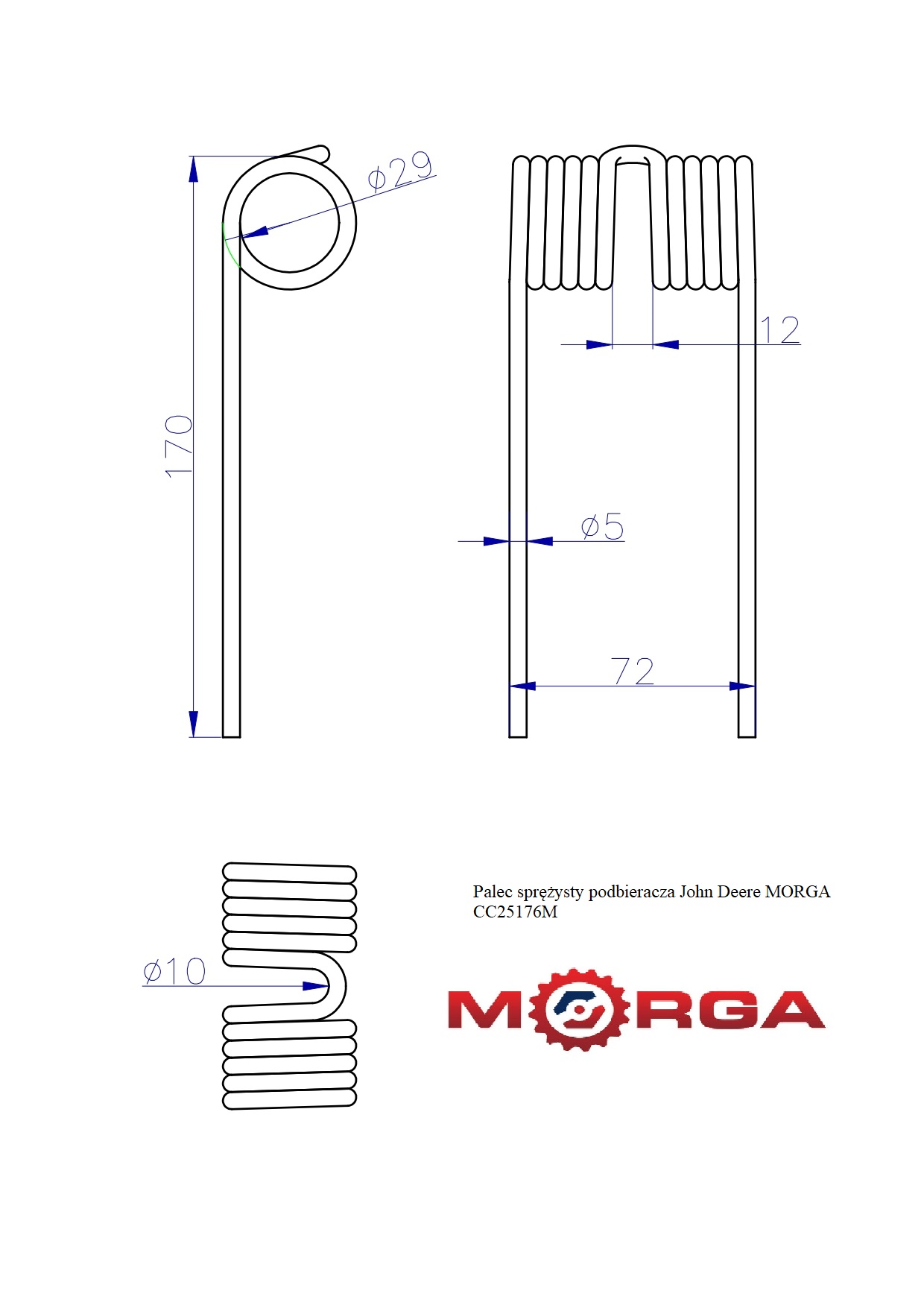 Palec sprężysty podbieracza John Deere CC25176 malowane proszkowo MORGA