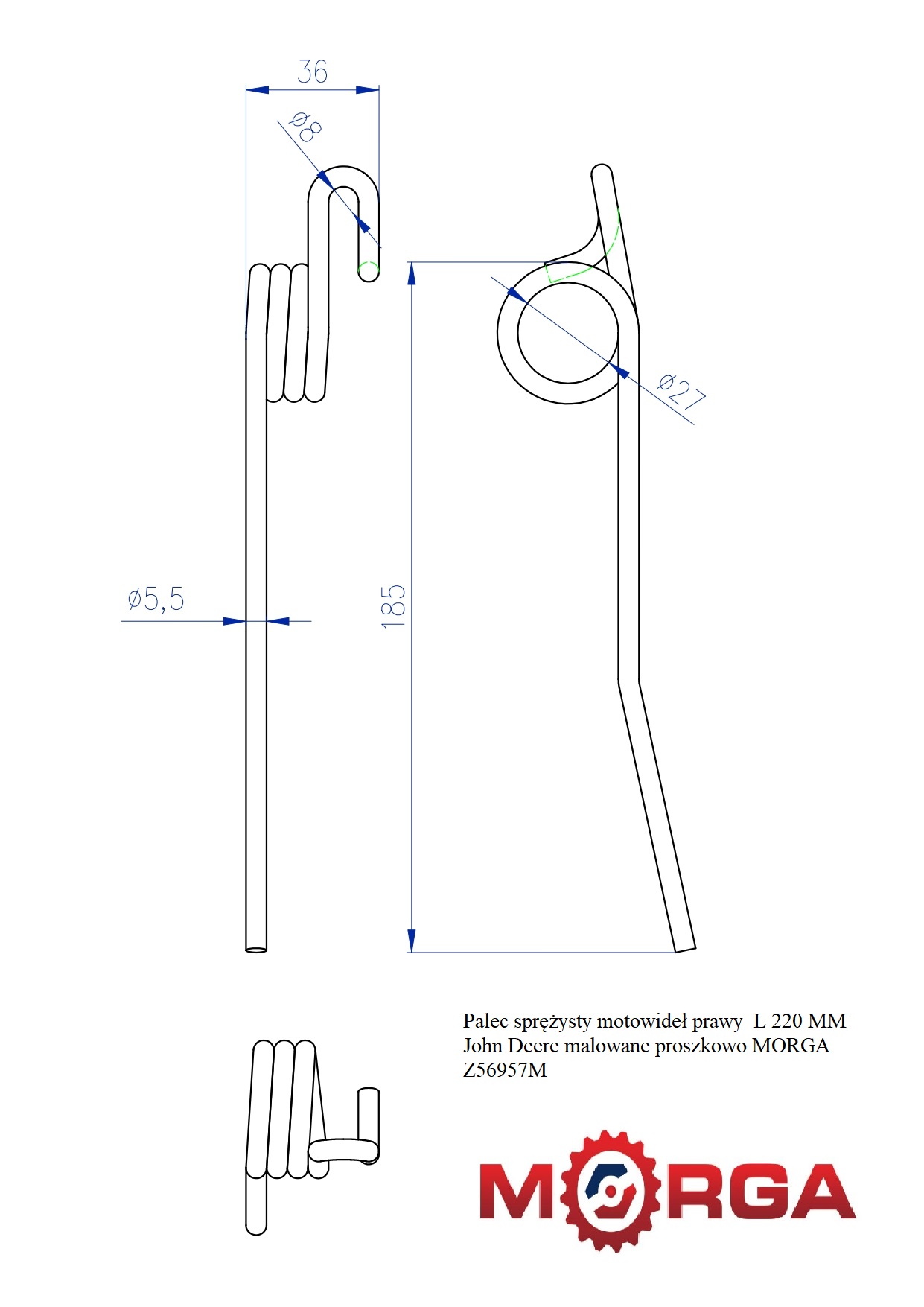 Palec sprężysty motowideł prawy Z56957  L 220 MM John Deere malowane proszkowo MORGA