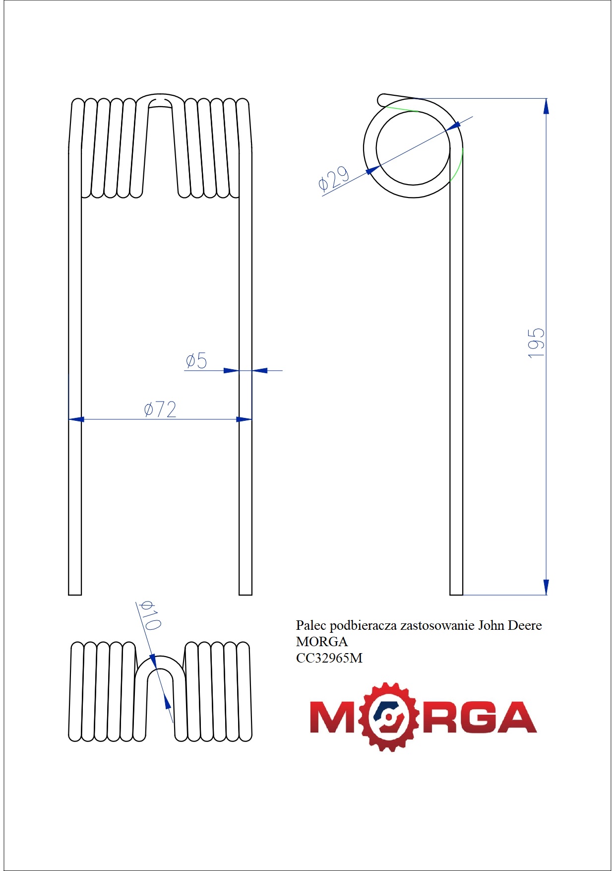 Palec podbieracza John Deere CC32965 malowane proszkowo MORGA