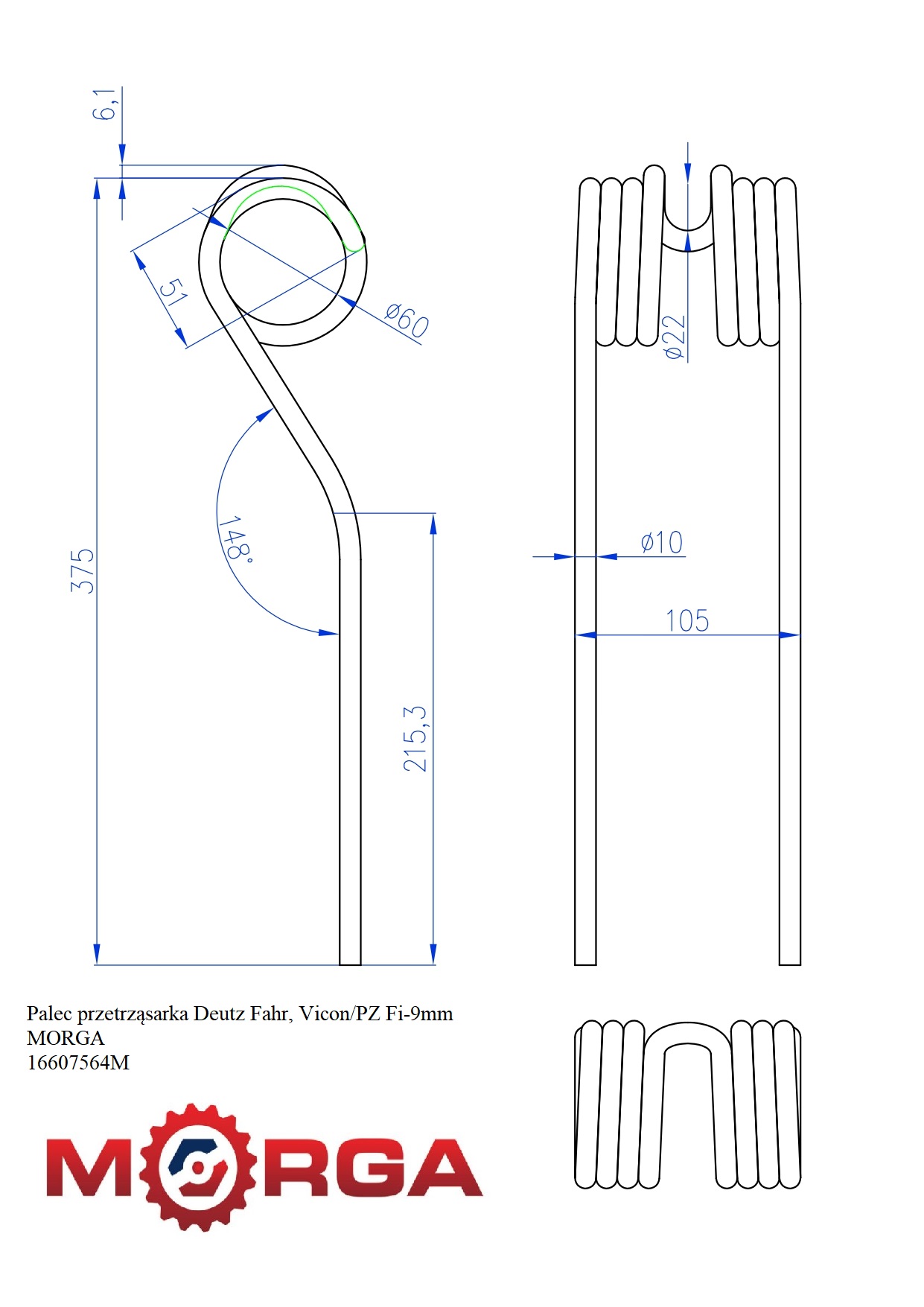 Palec przetrząsarka Deutz Fahr, Vicon/PZ Fi-9mm malowane proszkowo MORGA