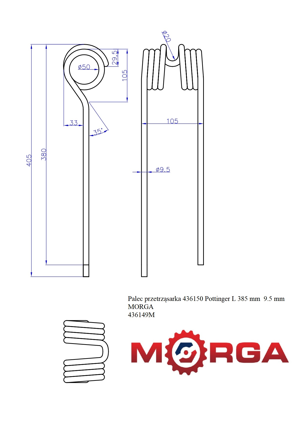 Palec przetrząsarka 436150 Pottinger L 380 mm  9.5 mm malowane proszkowo MORGA