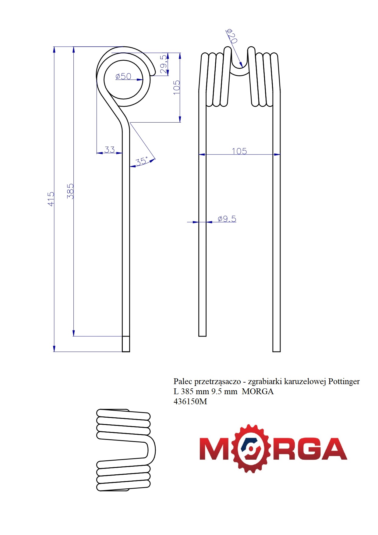 Palec przetrząsaczo - zgrabiarki karuzelowej Pottinger L 385 mm 9.5 mm malowane proszkowo MORGA