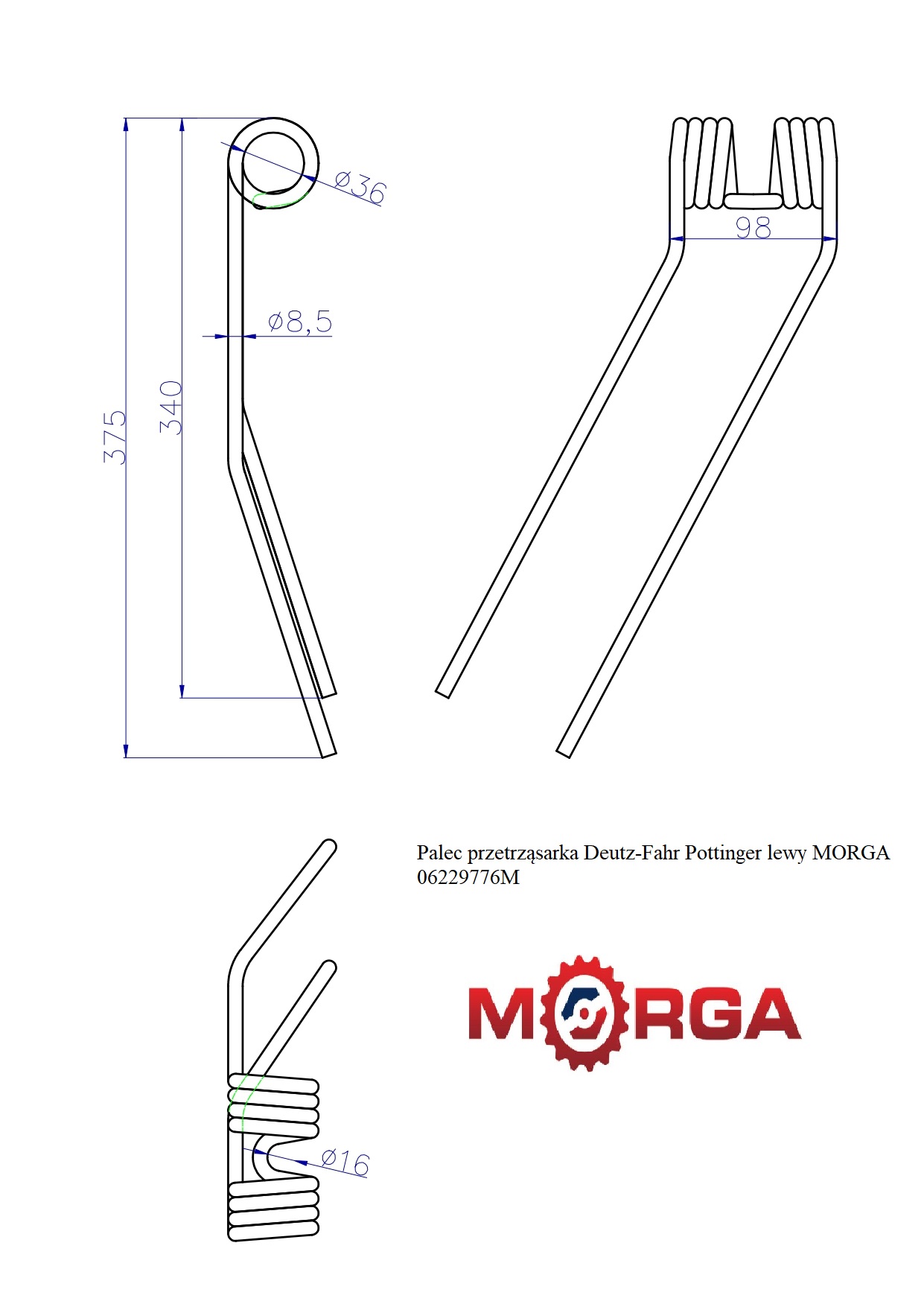 Palec przetrząsarka Deutz-Fahr Pottinger lewy 06229776 malowane proszkowo MORGA