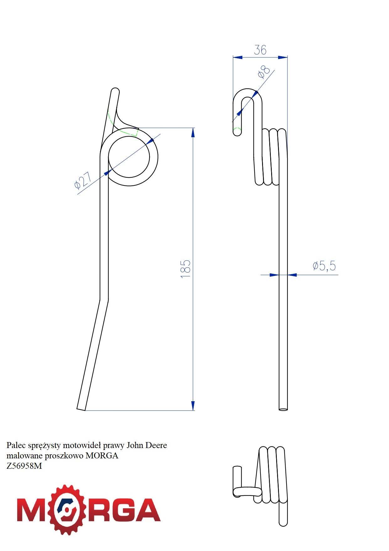 Palec sprężysty motowideł prawy Z56958  L 210 MM John Deere malowane proszkowo MORGA