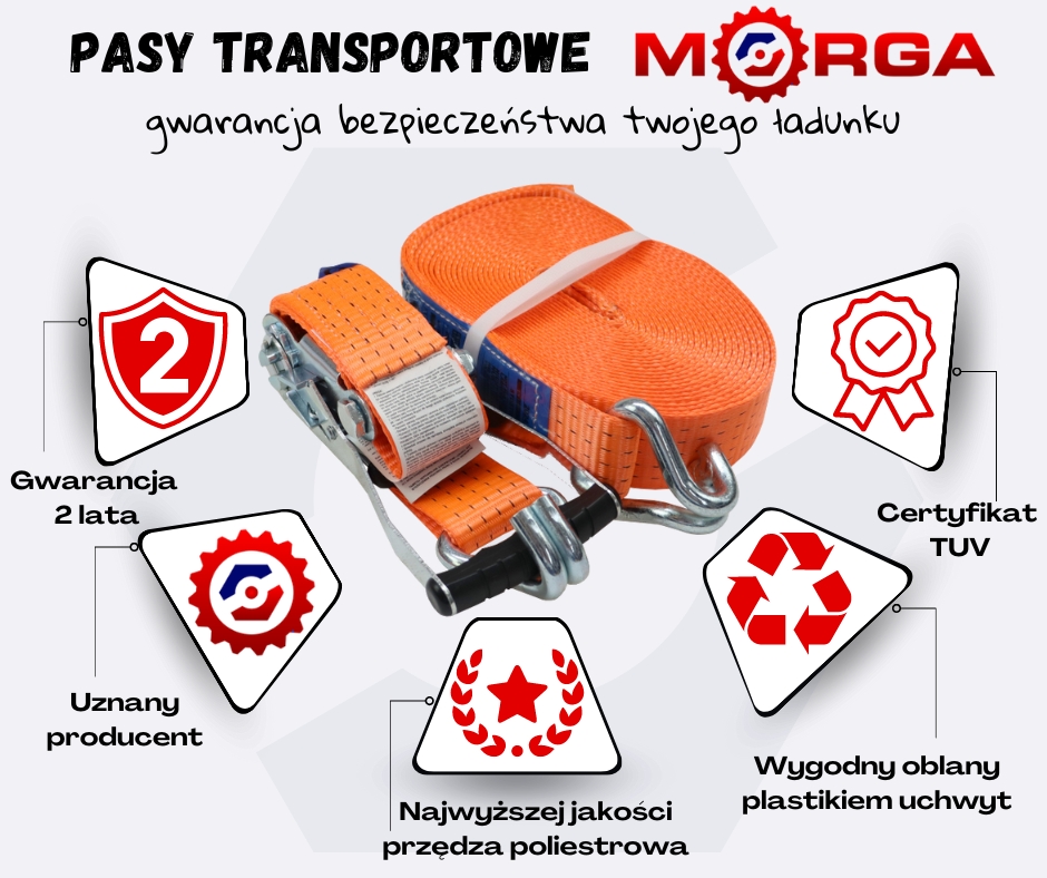 Pas transportowy 5T 2m szer. 50mm komplet z klamrą z gumową okładziną 230mm z atestem, standard MORGA